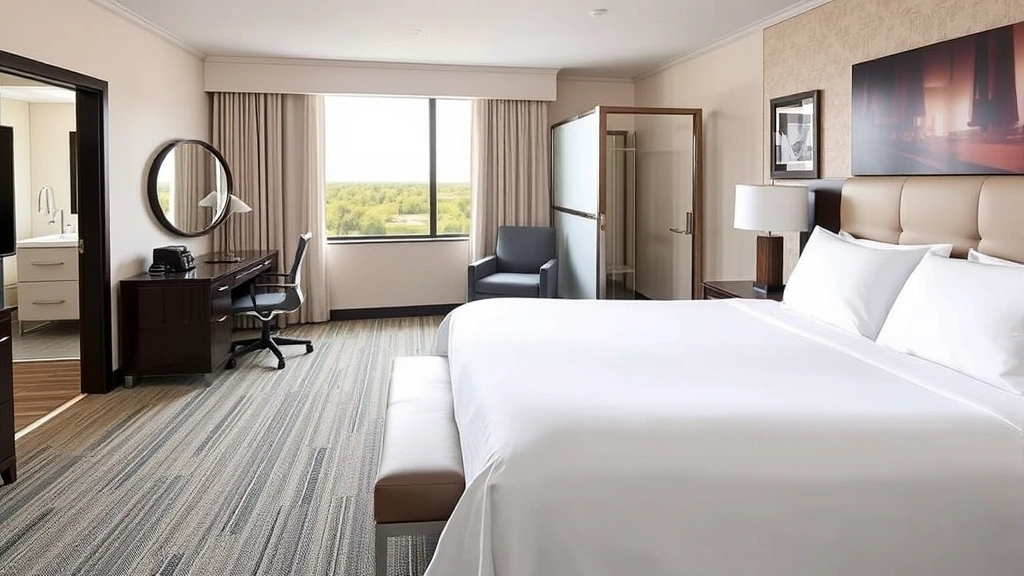 Spacious hotel room with king bed, clean white bedding, work desk by window overlooking East Texas landscape, modern bathroom visible through open door, professional décor