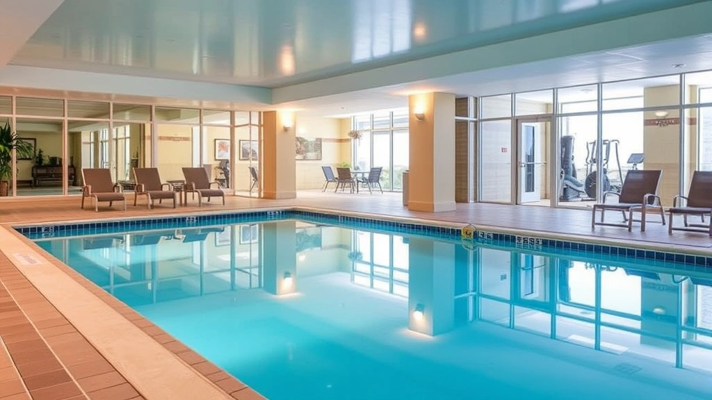 Hotel pool area with indoor heated swimming facility, lounge seating, fitness center visible through glass, clean tiled surroundings, bright lighting, family-friendly amenities