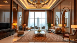 Modern luxury hotel interior in Mecca with contemporary Islamic design, featuring elegant furnishings, warm lighting, and architectural elements reflecting Arabian aesthetics, professional hospitality environment, high-end accommodations