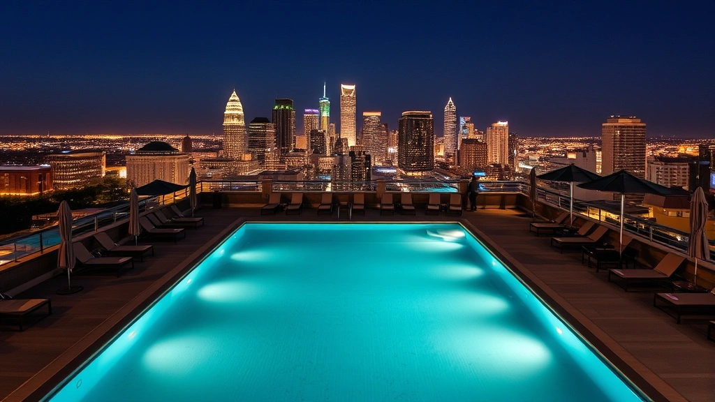 Upscale hotel rooftop pool overlooking downtown Austin skyline, lounge chairs and umbrellas, city lights visible in distance, evening ambient lighting, no people visible