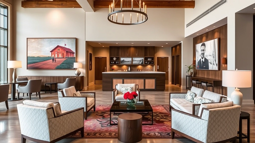 Boutique hotel lobby interior featuring local Texas artwork on walls, contemporary furniture arrangement, warm lighting, wooden accents, modern reception desk area, welcoming sophisticated ambiance