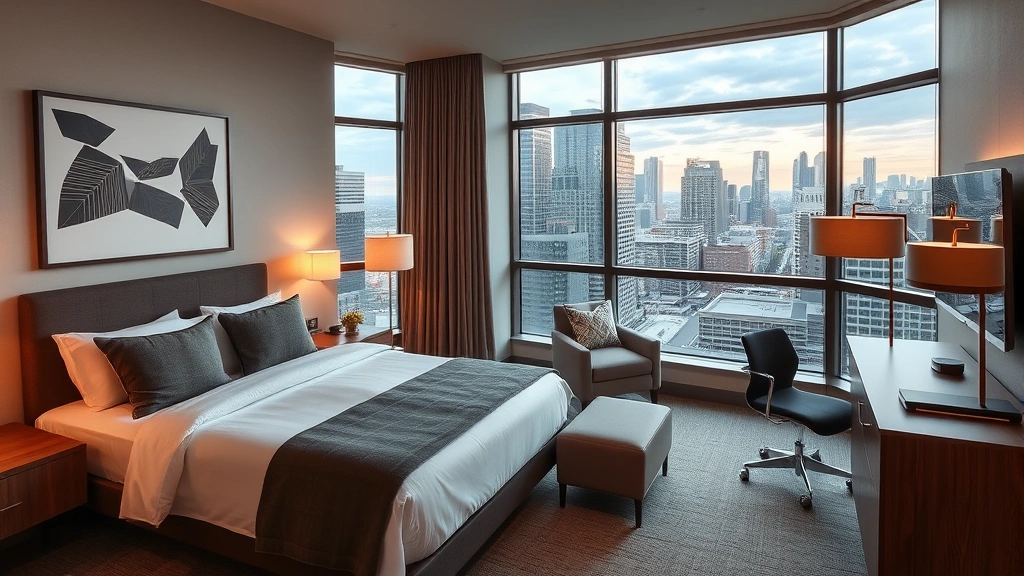 Modern downtown Austin hotel room with contemporary furnishings, city views through large windows, comfortable bed with premium linens, minimalist desk, warm lighting, residential luxury aesthetic