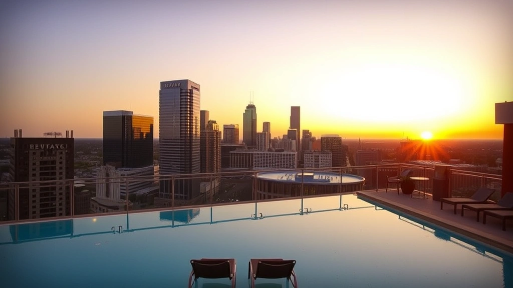 Rooftop hotel pool overlooking Austin downtown skyline at golden hour, lounge chairs, clear water, modern high-rise buildings in background, evening city lights beginning to glow, no people visible