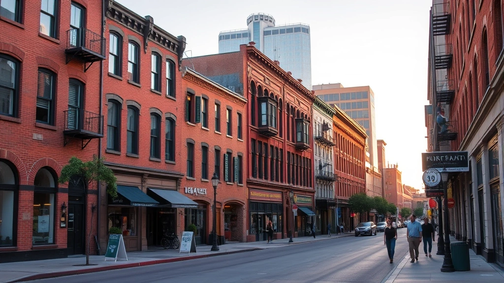 Downtown Austin street scene with historic brick buildings, pedestrians walking, warm evening light, mixed architectural styles, urban residential and hospitality environment, no visible signage or addresses