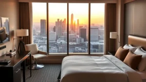 Comfortable modern hotel guest room with neutral bedding, desk, and floor-to-ceiling windows overlooking downtown Los Angeles skyline at golden hour