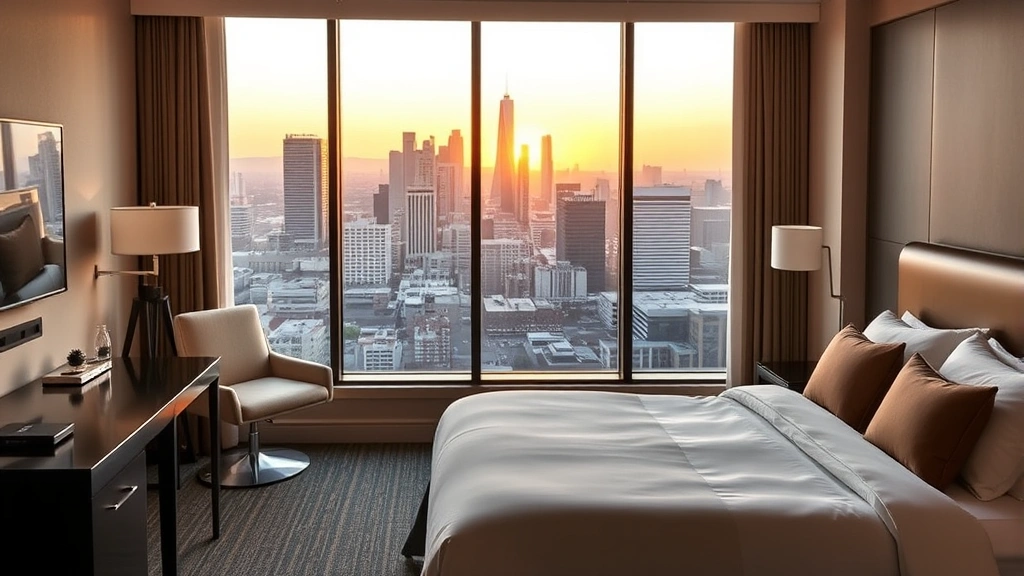 Comfortable modern hotel guest room with neutral bedding, desk, and floor-to-ceiling windows overlooking downtown Los Angeles skyline at golden hour