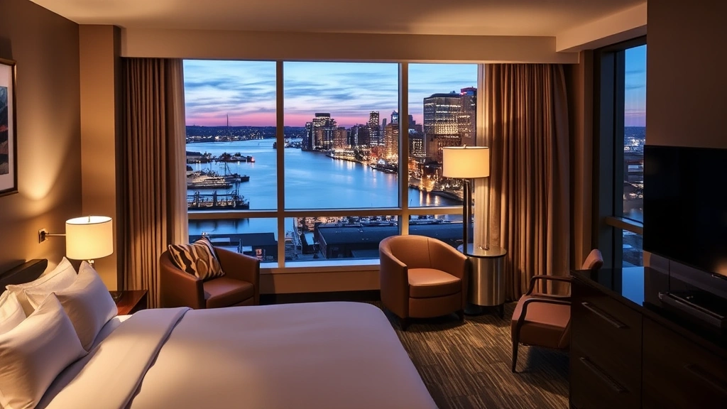 Modern hotel room with contemporary furnishings overlooking Baltimore Inner Harbor waterfront at dusk, city lights reflecting on water, professional interior design, comfortable bed with quality linens, floor-to-ceiling windows
