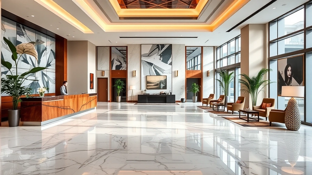 Upscale hotel lobby with marble flooring, modern reception desk, comfortable seating areas, indoor plants, contemporary art, professional business environment, bright natural lighting from large windows, welcoming atmosphere