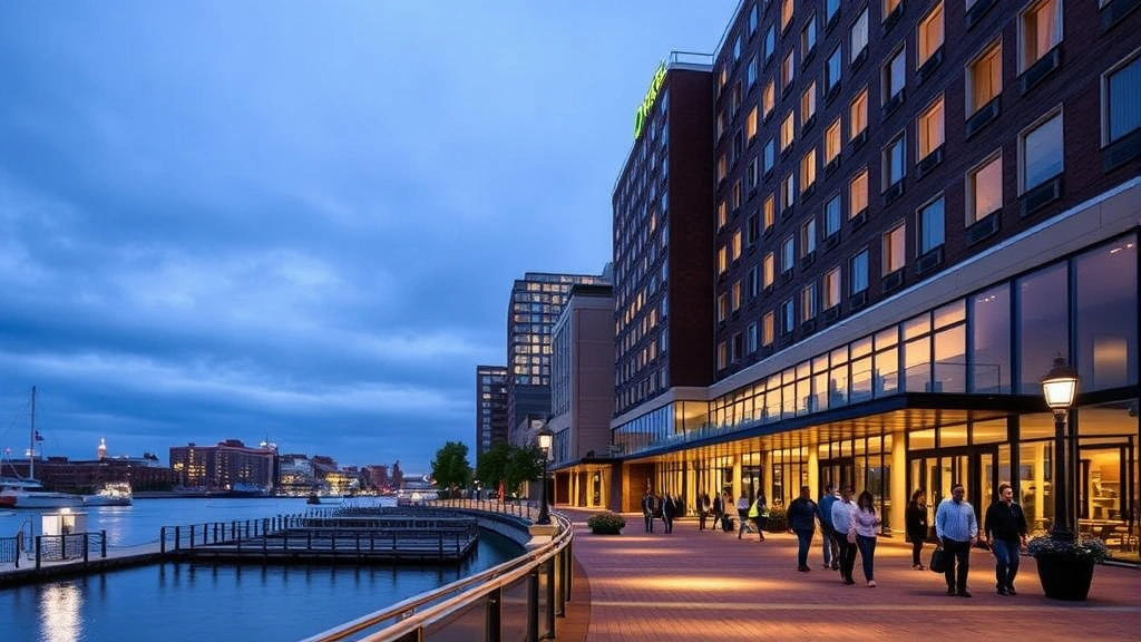 Hotel exterior showing modern building architecture along Baltimore waterfront promenade, harbor views, pedestrian walkway with visitors, evening lighting, professional hospitality setting, no visible signage or text