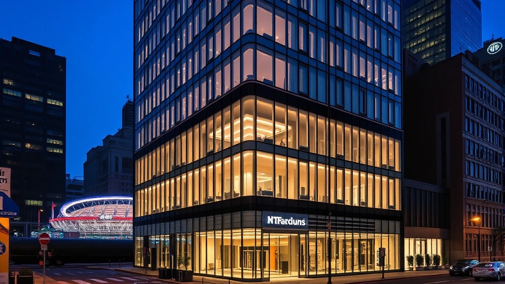 Modern urban hotel exterior with glass and steel architecture, nighttime cityscape with stadium lights visible in background, professional photography of contemporary hospitality building, Philadelphia skyline elements