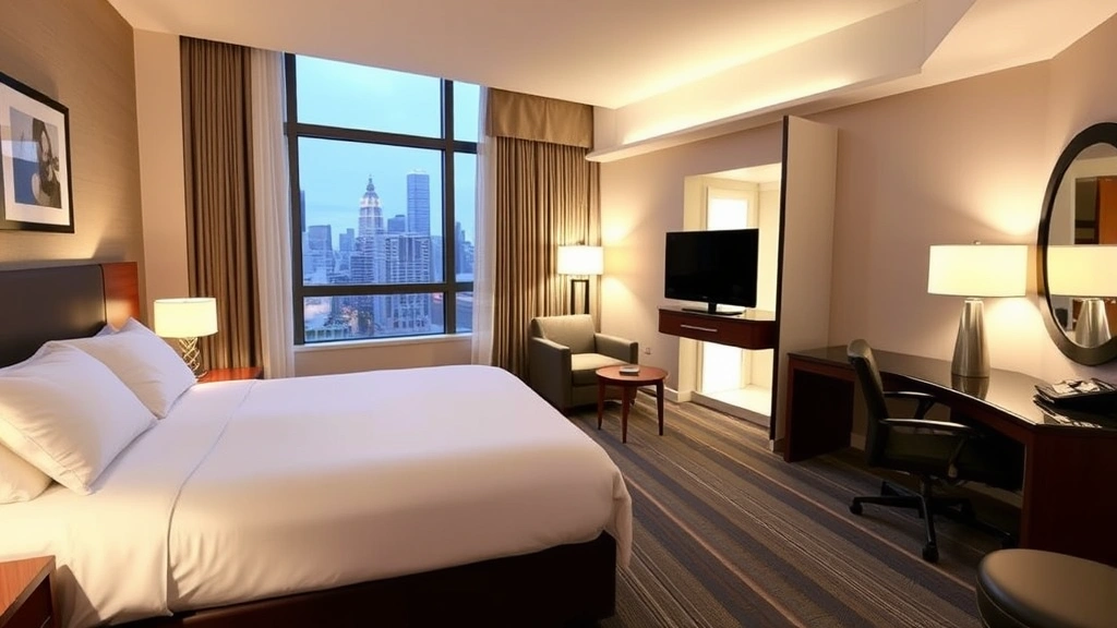 Comfortable hotel room interior with queen bed, contemporary furnishings, large windows showing city view, welcoming lighting, modern bathroom visible through open door, business desk area