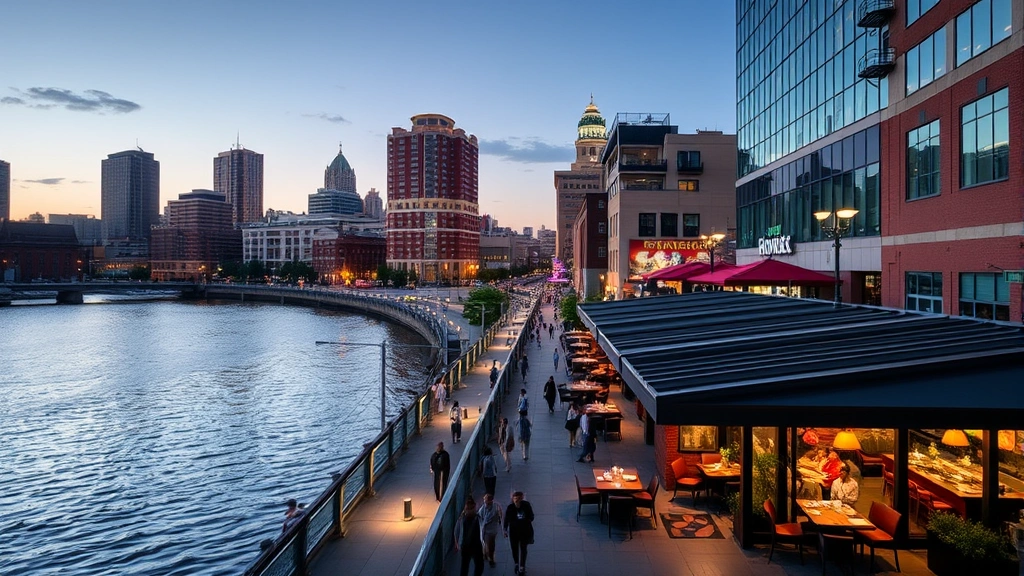 Philadelphia waterfront promenade with river walk, visitors enjoying outdoor dining at restaurant patio, mixed-use development with hotels and entertainment venues, evening lighting, urban waterfront atmosphere