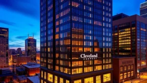 Modern downtown Cleveland hotel building exterior at dusk with city lights reflecting off glass facade, urban architecture, residential district visible in background