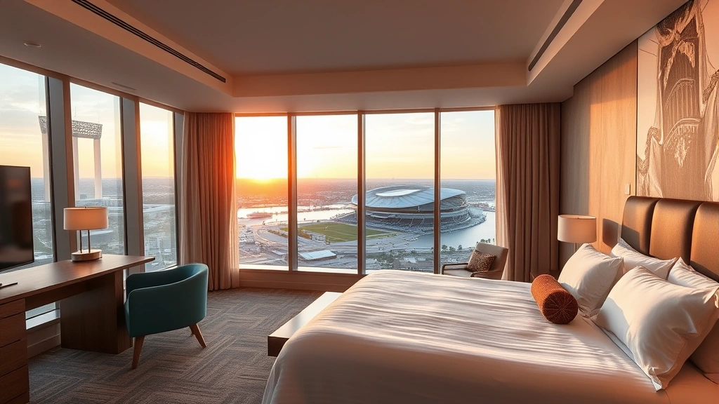 Spacious hotel room with king bed, modern furnishings, floor-to-ceiling windows overlooking stadium and waterfront area during golden hour lighting