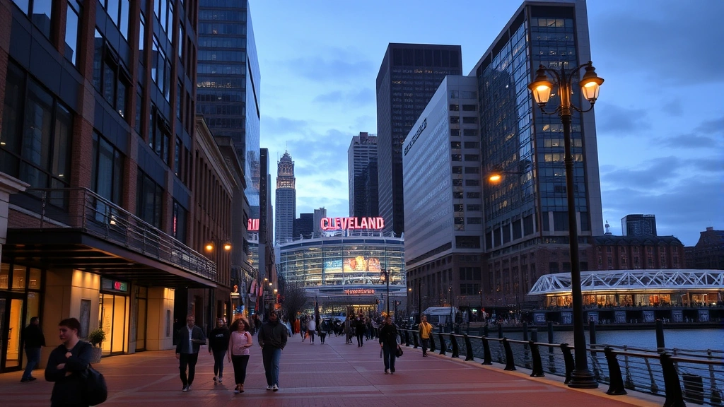 Downtown Cleveland street scene with pedestrians walking toward stadium, modern buildings, waterfront promenade, evening game day atmosphere with stadium lights visible