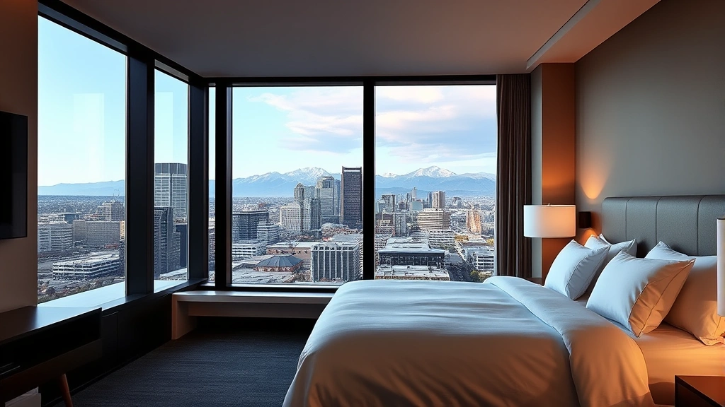 Modern hotel room with king bed, floor-to-ceiling windows overlooking Denver downtown skyline with Rocky Mountains in distance, contemporary minimalist decor, warm lighting, upscale hotel interior