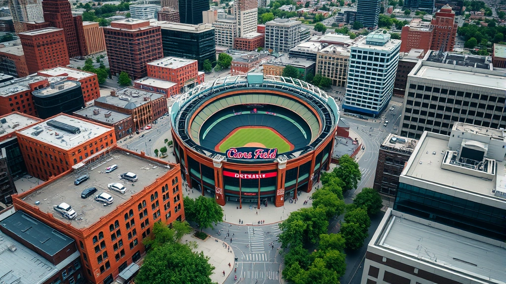 Aerial view of Denver's Lower Downtown (LoDo) district showing Coors Field stadium surrounded by historic brick buildings, modern hotels, and tree-lined streets with pedestrians walking between buildings
