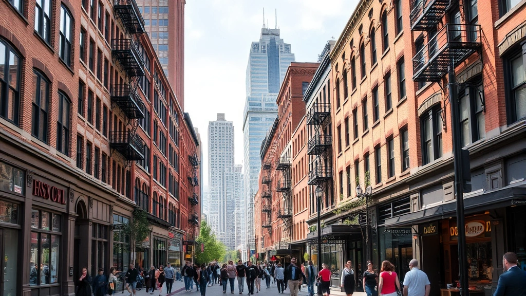 Busy downtown Denver street scene with historic brick buildings converted to hotels and restaurants, pedestrians walking, daytime urban neighborhood atmosphere, Lower Downtown architecture and energy