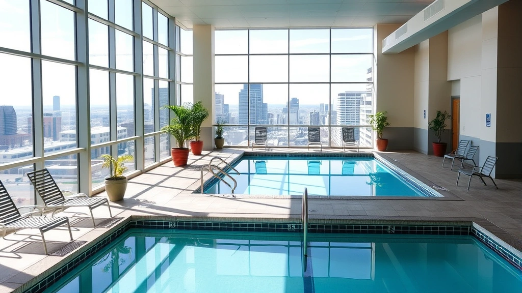 Bright indoor hotel pool area with lounge chairs, potted plants, and floor-to-ceiling windows overlooking Denver cityscape, no visible room numbers or identifying markers