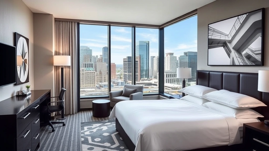 Modern hotel room interior with comfortable king bed, city view window showing downtown Denver skyline, contemporary furnishings, and clean minimalist design