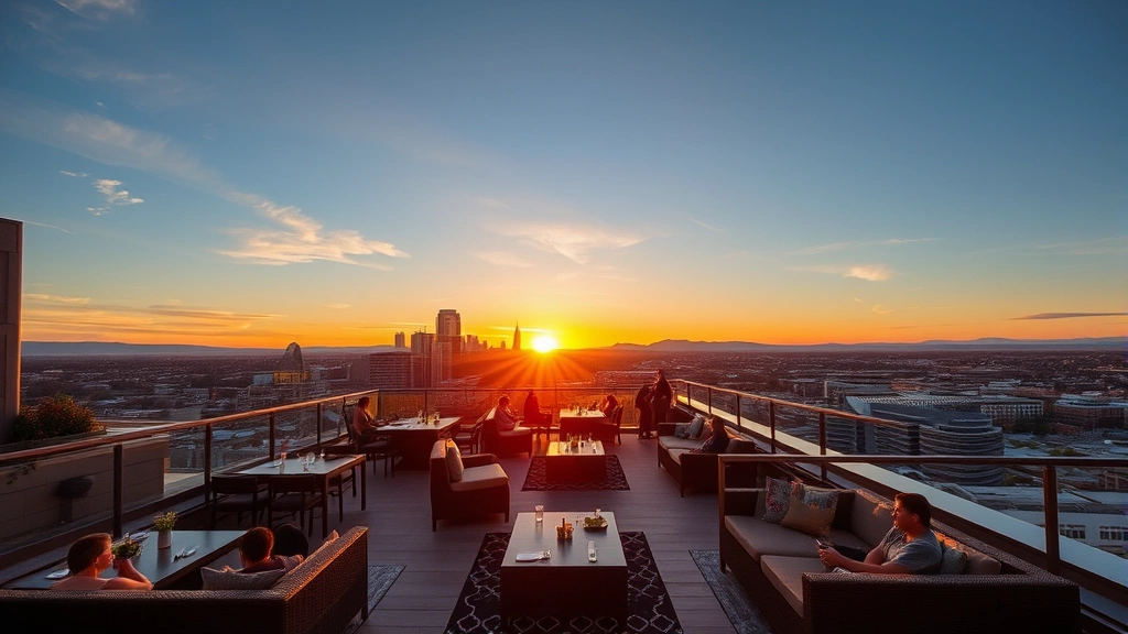 Hotel rooftop lounge area at sunset with comfortable seating, city views, modern furnishings, people relaxing, downtown Denver skyline visible, warm golden hour lighting, upscale outdoor space