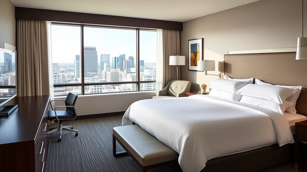 Spacious hotel room with contemporary furnishings, king bed with white linens, desk area, and window showing Denver skyline view, welcoming residential atmosphere