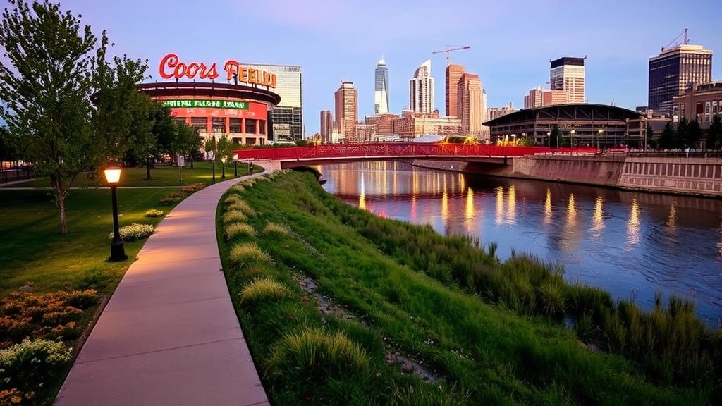 South Platte River pathway near Coors Field with pedestrian bridge, evening lighting, downtown Denver buildings in background, scenic walkable route