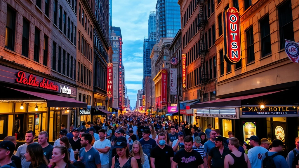Crowded street scene in LoDo district during evening with restaurants, bars, and hotels illuminated, baseball fans walking, historic architecture mixed with modern storefronts, vibrant nightlife atmosphere