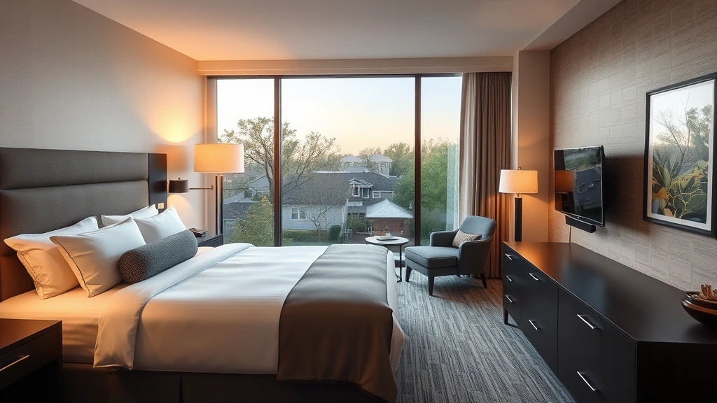 Modern hotel room with comfortable bed, contemporary furnishings, and warm lighting overlooking Dallas residential neighborhood with trees and clear sky, no text visible