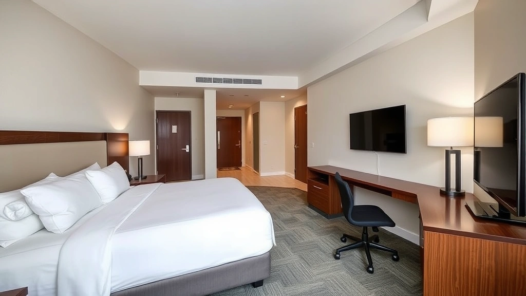 Spacious hotel room with king bed, work desk, flat-screen television, and modern bathroom visible, clean contemporary decor, neutral color palette, professional hospitality photography