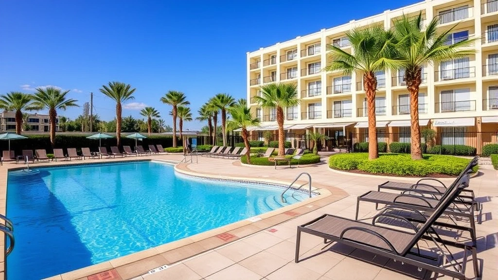 Hotel outdoor pool area with lounge chairs, blue water, palm trees and landscaping, clear sunny day, recreational amenity photography, no people visible, resort-style setting