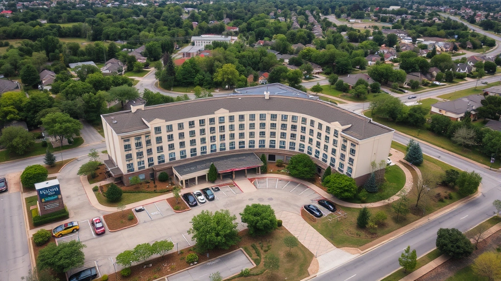 Aerial view of hotel exterior with parking lot, landscaped grounds, and surrounding Dallas suburban area with trees and residential buildings, no identifying markers