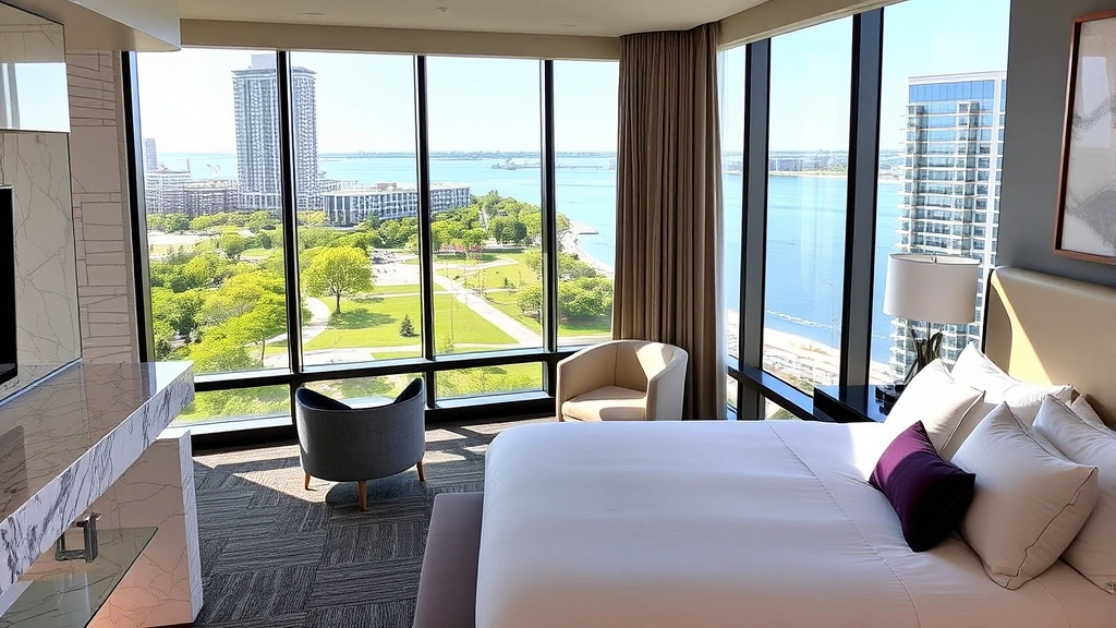 Modern luxury hotel room with floor-to-ceiling windows overlooking Lake Michigan and Grant Park's green spaces, contemporary furnishings, marble bathroom visible, natural daylight streaming in, upscale bedding and pillows