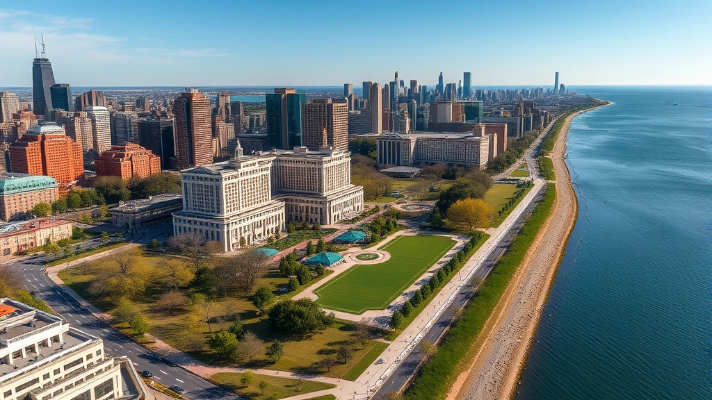 Aerial view of Grant Park waterfront with hotel buildings along Michigan Avenue, lake shoreline, walking paths, manicured lawns, urban skyline backdrop, daytime clear weather