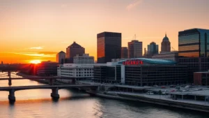 Modern downtown Cincinnati riverfront skyline at sunset with Great American Ballpark visible, showing urban architecture and Ohio River, professional photography style