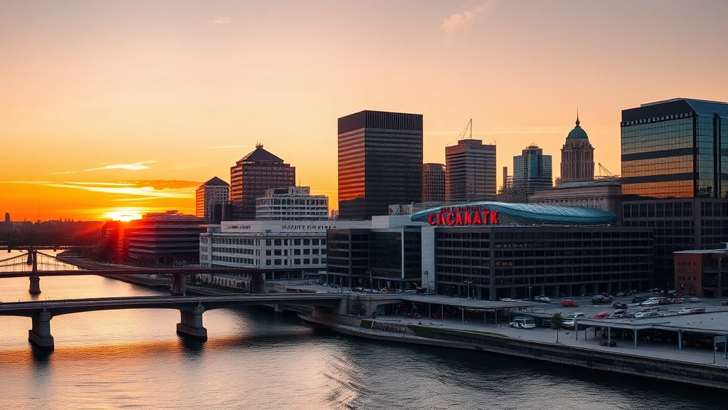 Modern downtown Cincinnati riverfront skyline at sunset with Great American Ballpark visible, showing urban architecture and Ohio River, professional photography style