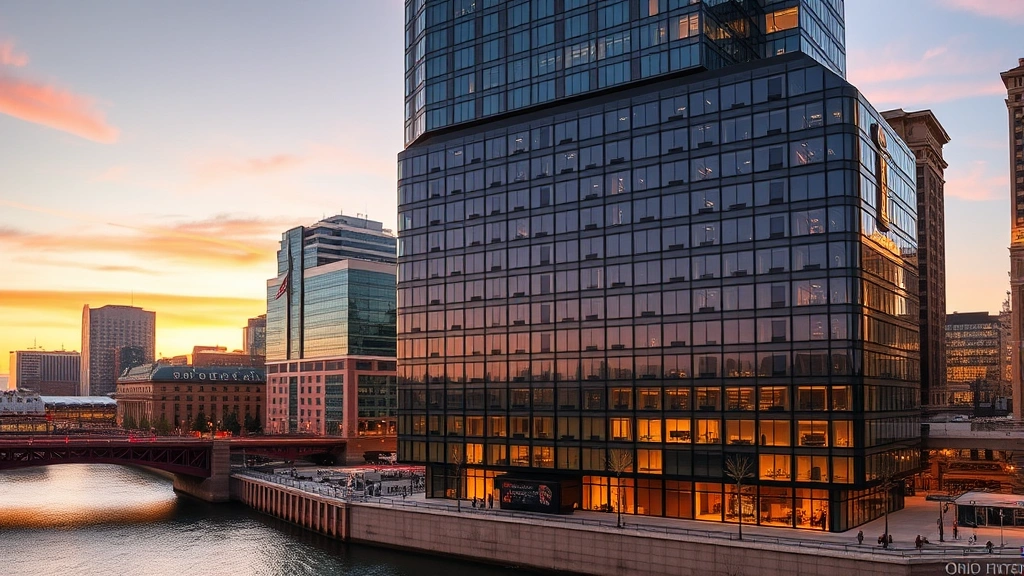 Modern downtown Cincinnati hotel exterior with glass facade overlooking Ohio River at sunset, contemporary architecture, urban waterfront setting, evening lighting reflecting off building