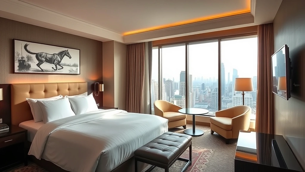 Upscale hotel room interior with comfortable bed, modern furnishings, and large window overlooking city skyline, contemporary design aesthetic, warm lighting