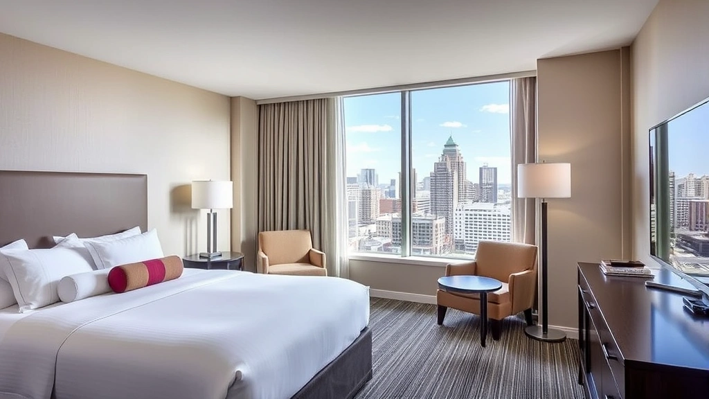 Spacious hotel room interior with comfortable king bed, modern furnishings, city view from large window overlooking downtown Cincinnati skyline, neutral contemporary decor, natural daylight