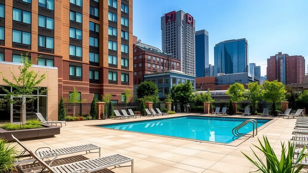 Outdoor hotel pool area with lounge chairs, landscaping, and downtown Cincinnati buildings in background, daytime photography, inviting recreational space