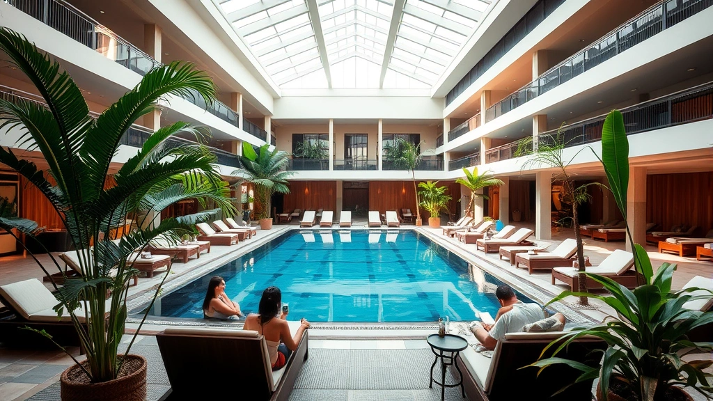 Hotel indoor swimming pool area with surrounding lounge seating, tropical plants, contemporary design, guests relaxing poolside, bright natural lighting from skylights above