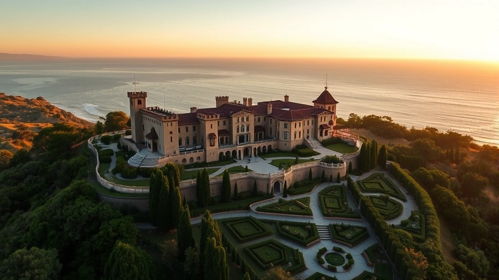 Aerial view of Hearst Castle estate perched on coastal hillside with manicured gardens, terraces, and ocean backdrop during golden hour sunset lighting, photorealistic landscape photography