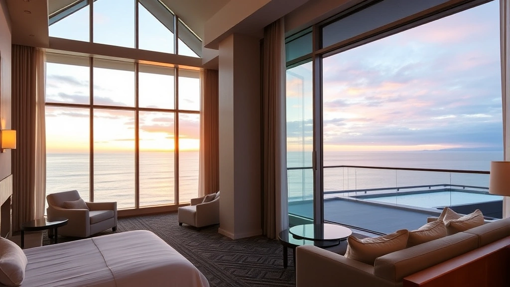 Luxurious hotel room with floor-to-ceiling windows overlooking Pacific Ocean, modern furnishings, fireplace, and ocean-view balcony with sunset colors reflected on water, hospitality photography