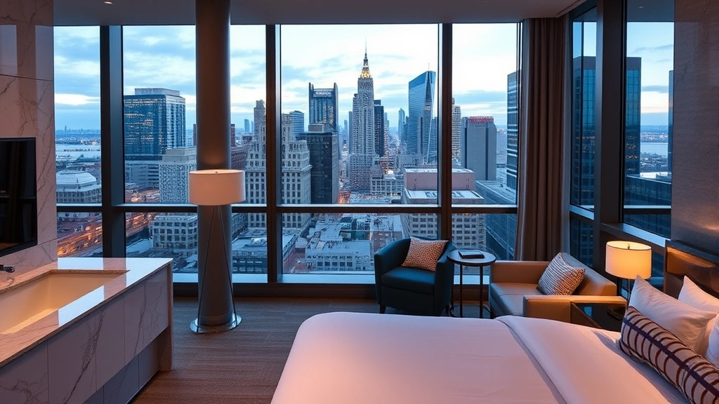 Modern luxury hotel room with floor-to-ceiling windows overlooking downtown Detroit skyline, contemporary furnishings, marble bathroom visible, warm ambient lighting