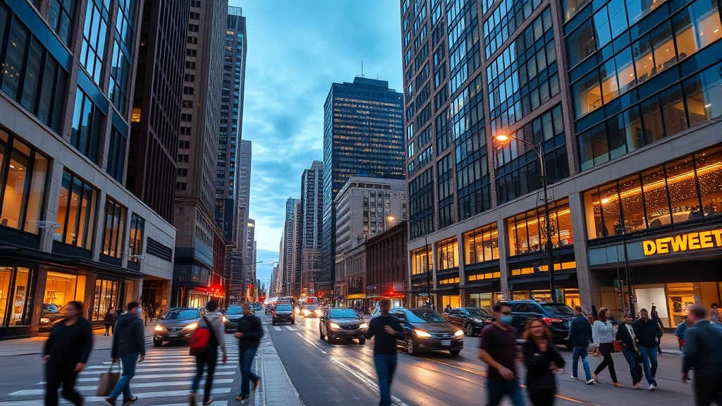 Bustling downtown Detroit street scene with pedestrians walking, contemporary mid-rise buildings, evening atmosphere with street lights, urban energy and vibrancy