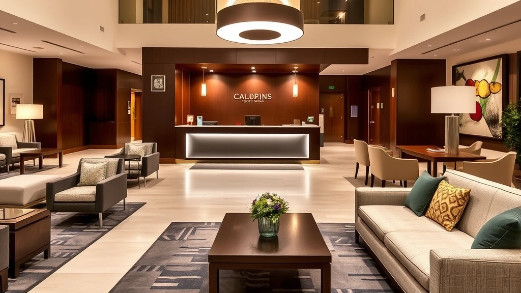 Comfortable hotel lobby with contemporary design, comfortable seating areas, check-in desk, modern lighting fixtures, welcoming atmosphere for business and leisure travelers