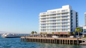 Modern waterfront hotel building in Long Beach with ocean view and contemporary architecture, daytime photography with clear sky, showing multiple floors and balconies overlooking the harbor
