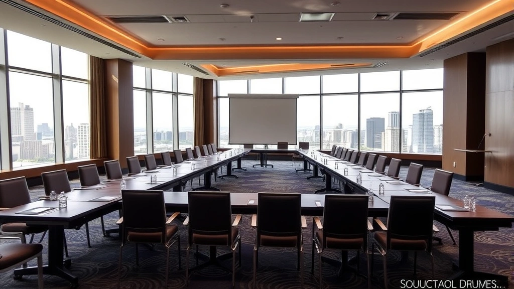 Spacious hotel conference room with long table, comfortable chairs, large windows with city views, professional setup with presentation screens and natural lighting