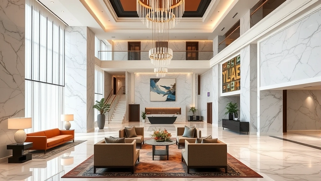 Luxury hotel lobby interior featuring marble floors, modern furniture, high ceilings, elegant lighting fixtures, and contemporary art, showcasing upscale hospitality environment