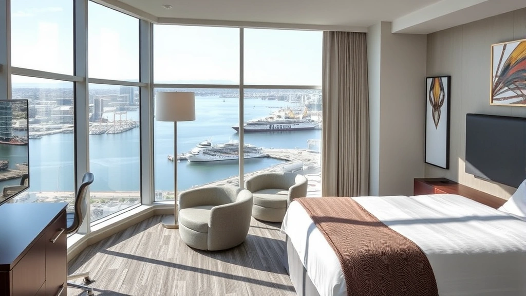 Modern hotel room with waterfront harbor view of Long Beach port, floor-to-ceiling windows, contemporary furnishings, natural daylight, residential comfort aesthetic